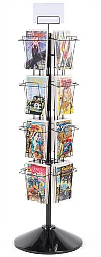 8-Tiered Metal Wire Magazine Floor Stand, 8.5"w, 16 Pockets, Rotating, Header - Black
