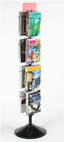 4-Tiered Wire Magazine Floor Stand, 8.5"w, 8 Pockets, Rotating, Sign Clip - Black