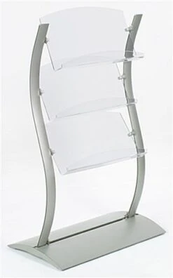 3-Tiered Literature Floor Stand, 4"/8.5"w, 6/9 Pockets, Curved - Silver